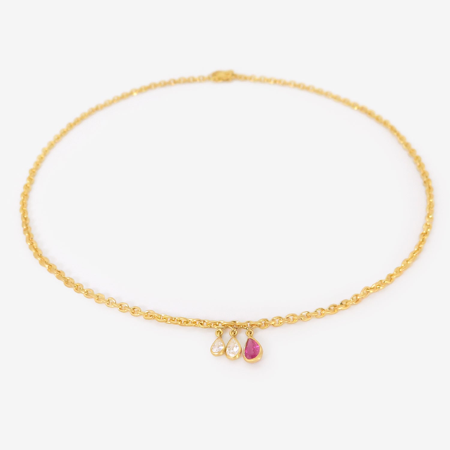 DARIUS 18K FAIRY CHAIN WITH PEAR-SHAPED PINK SAPPHIRE & TWO PEAR-SHAPED ANTIQUE DIAMONDS