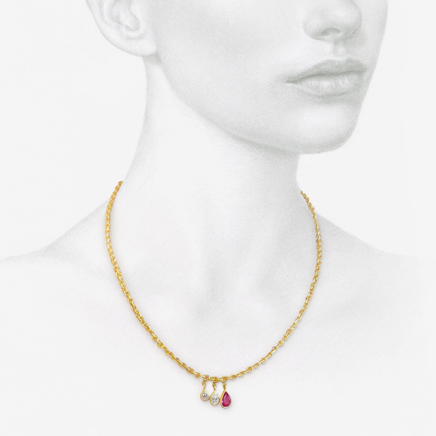 DARIUS 18K FAIRY CHAIN WITH PEAR-SHAPED PINK SAPPHIRE & TWO PEAR-SHAPED ANTIQUE DIAMONDS