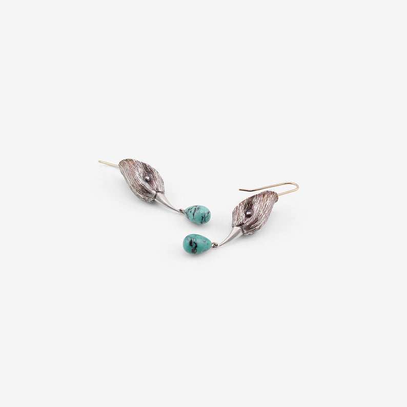 GABRIELLA KISS STERLING SILVER BIRD HEAD EARRINGS WITH TURQUOISE DROPS