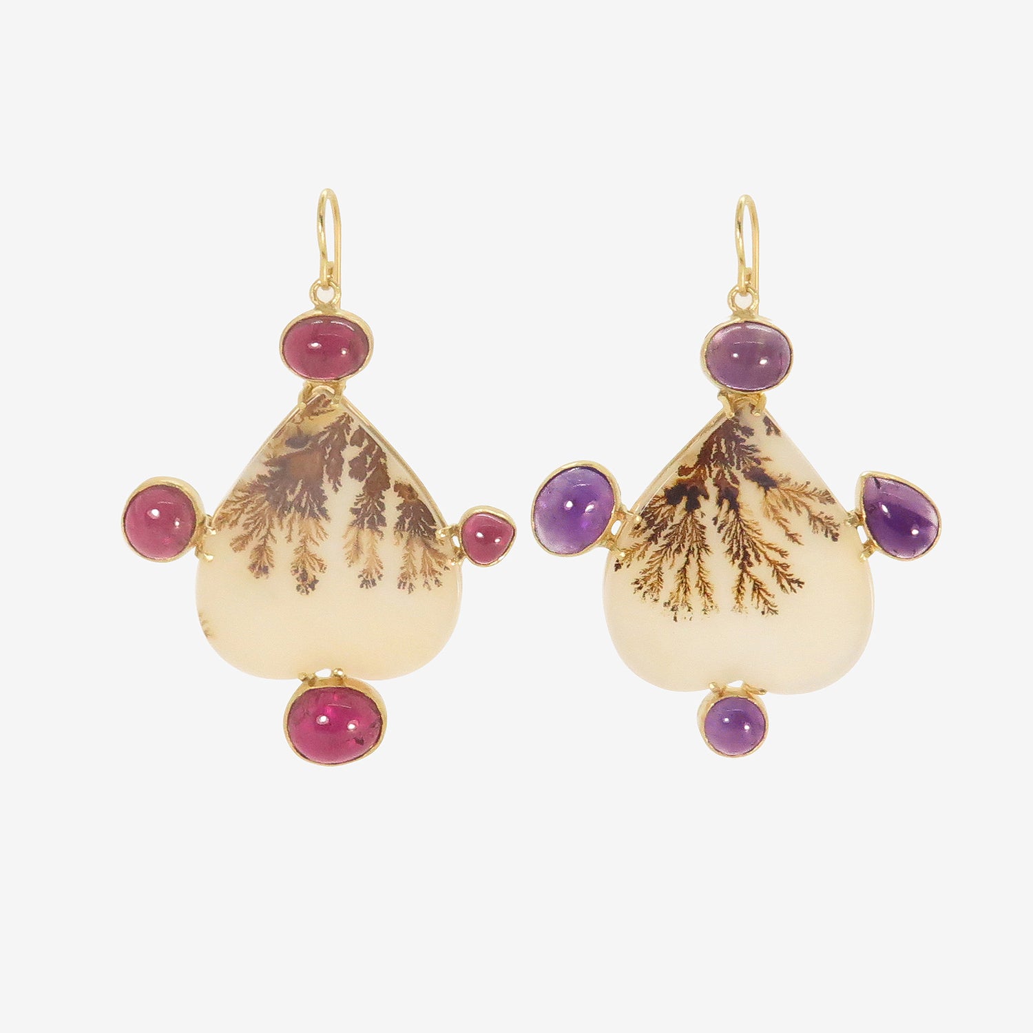 JUDY GEIB 18K & UPSIDE-DOWN HEART-SHAPED DENDRITIC AGATE EARRINGS WITH AMETHYST AND GARNET