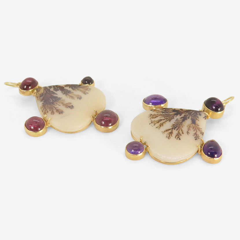 JUDY GEIB 18K & UPSIDE-DOWN HEART-SHAPED DENDRITIC AGATE EARRINGS WITH AMETHYST AND GARNET