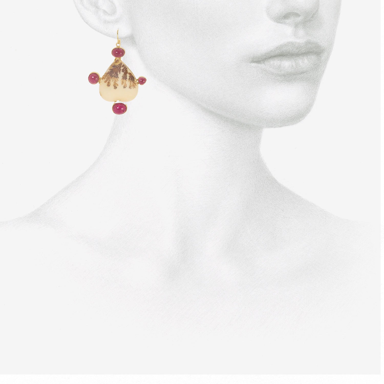 JUDY GEIB 18K & UPSIDE-DOWN HEART-SHAPED DENDRITIC AGATE EARRINGS WITH AMETHYST AND GARNET