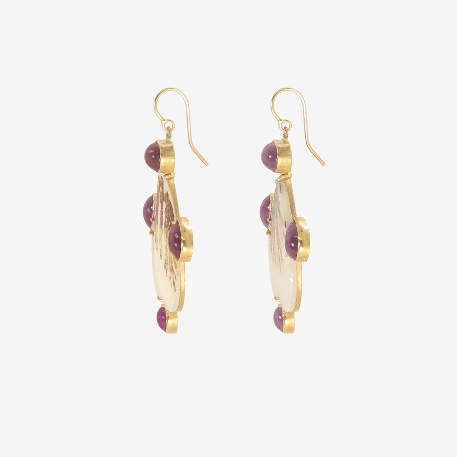 JUDY GEIB 18K & UPSIDE-DOWN HEART-SHAPED DENDRITIC AGATE EARRINGS WITH AMETHYST AND GARNET