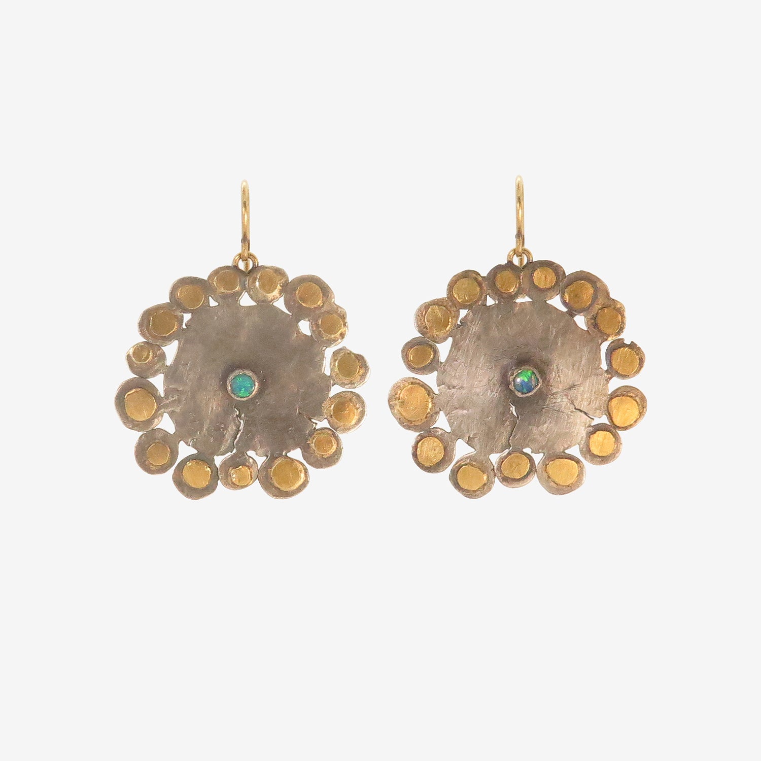 JUDY GEIB 24K & SILVER LARGE FLAT FLOWERY EARRINGS WITH OPALS
