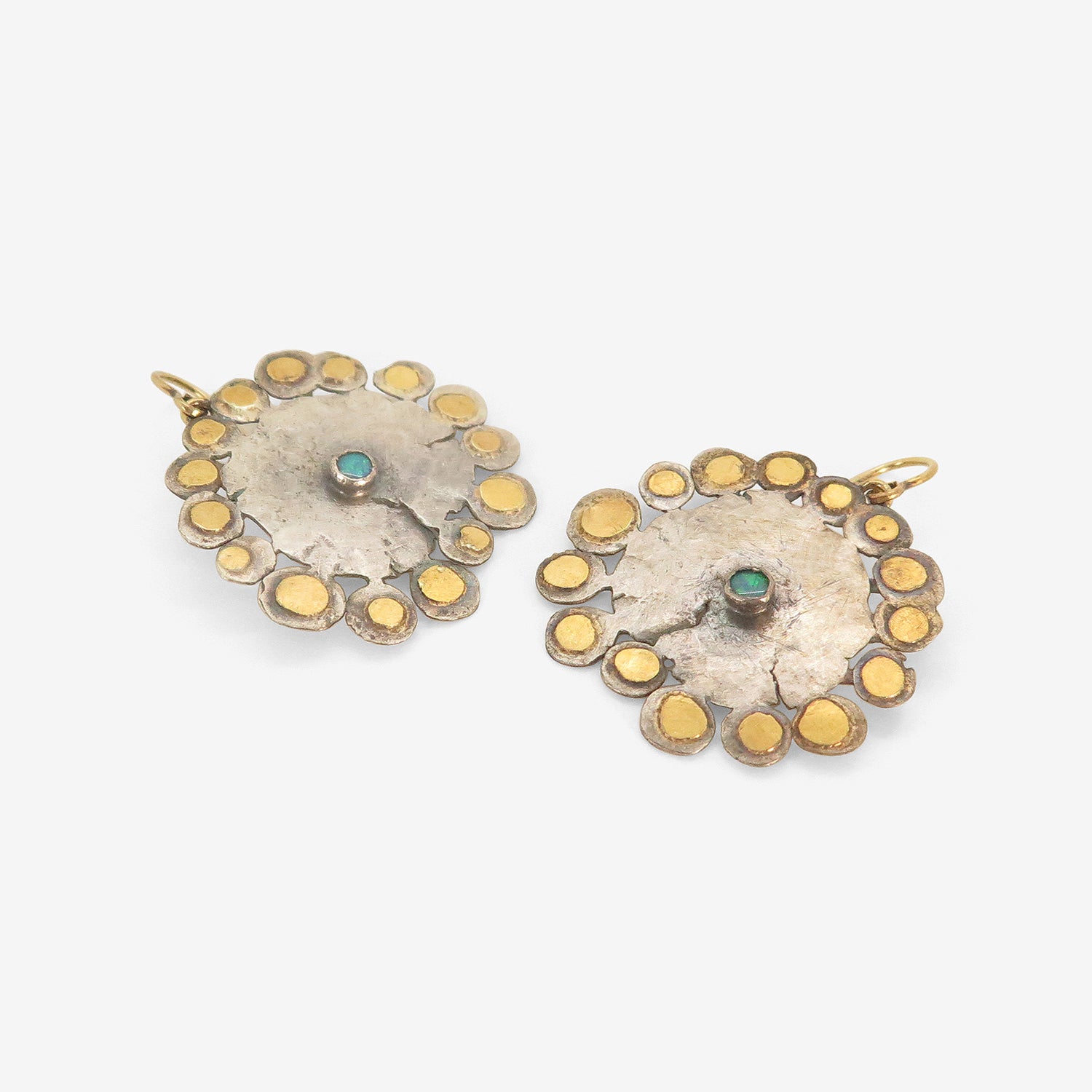 JUDY GEIB 24K & SILVER LARGE FLAT FLOWERY EARRINGS WITH OPALS