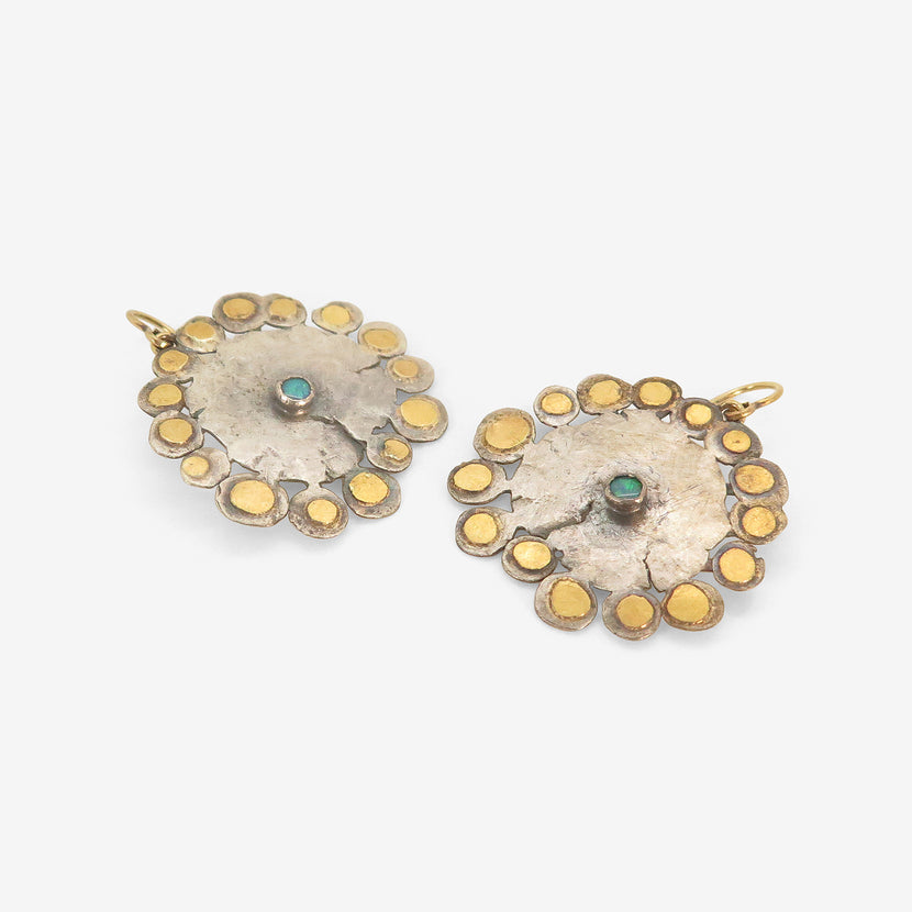 JUDY GEIB 24K & SILVER LARGE FLAT FLOWERY EARRINGS WITH OPALS