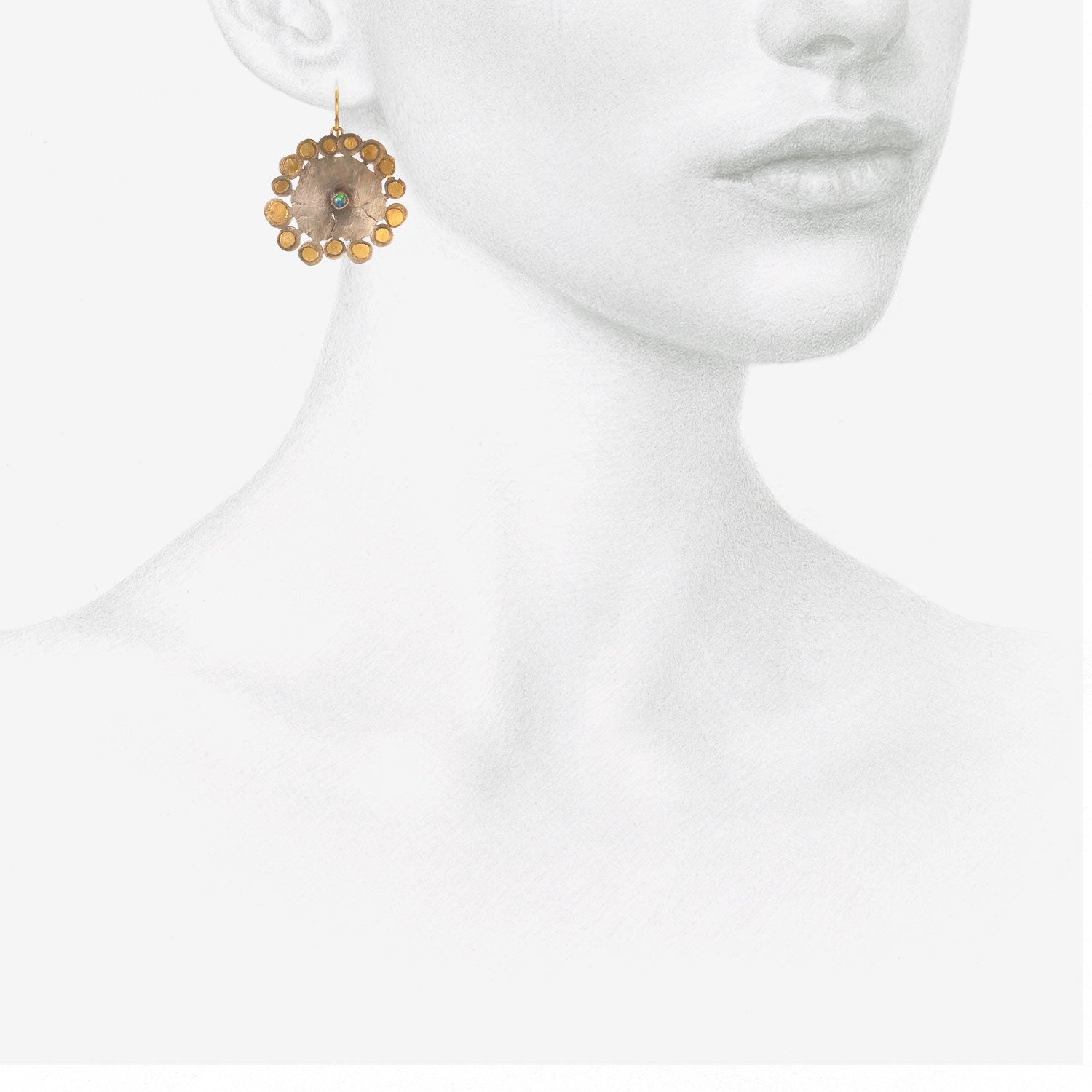 JUDY GEIB 24K & SILVER LARGE FLAT FLOWERY EARRINGS WITH OPALS