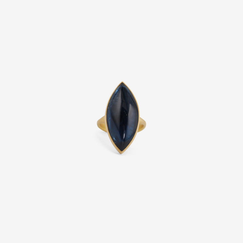 LOLA BROOKS 18K & LARGE NAVETTE DEEP BLUE TOURMALINE RING, 14.45CT