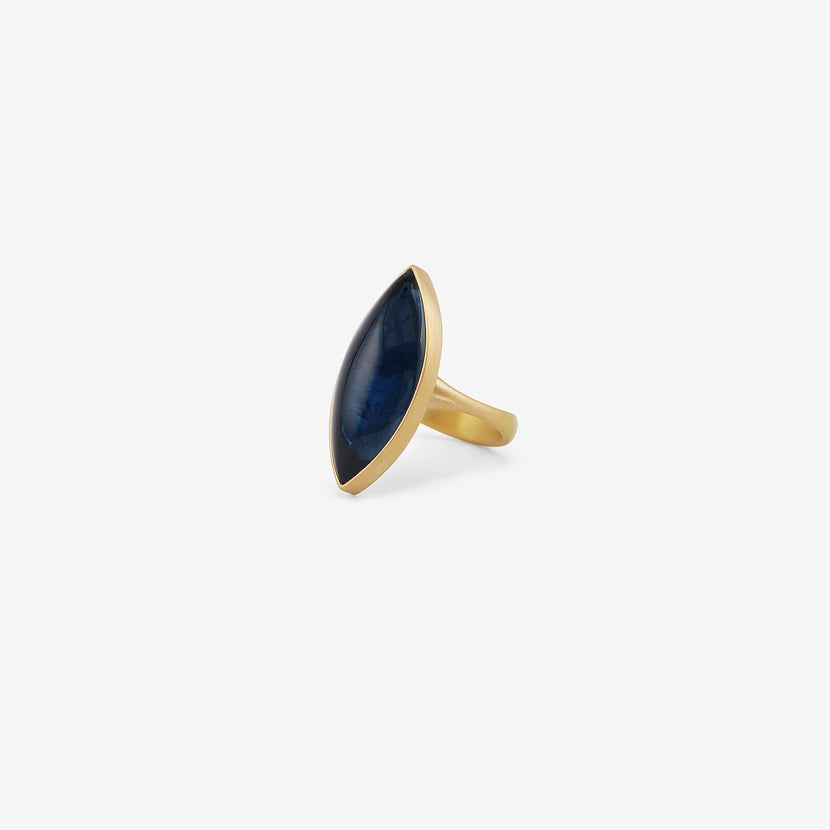 LOLA BROOKS 18K & LARGE NAVETTE DEEP BLUE TOURMALINE RING, 14.45CT