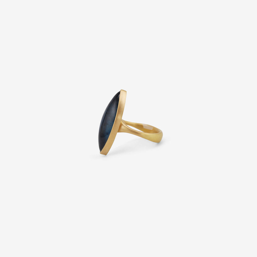 LOLA BROOKS 18K & LARGE NAVETTE DEEP BLUE TOURMALINE RING, 14.45CT