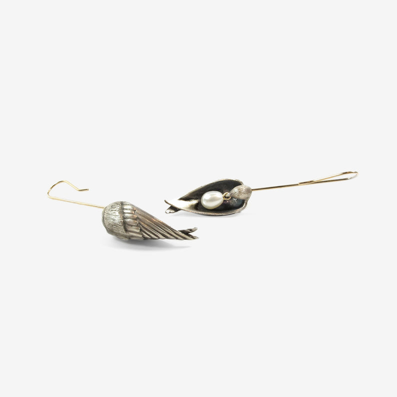 GABRIELLA KISS STERLING SILVER SLEEPING BIRD EARRINGS WITH WHITE PEARLS