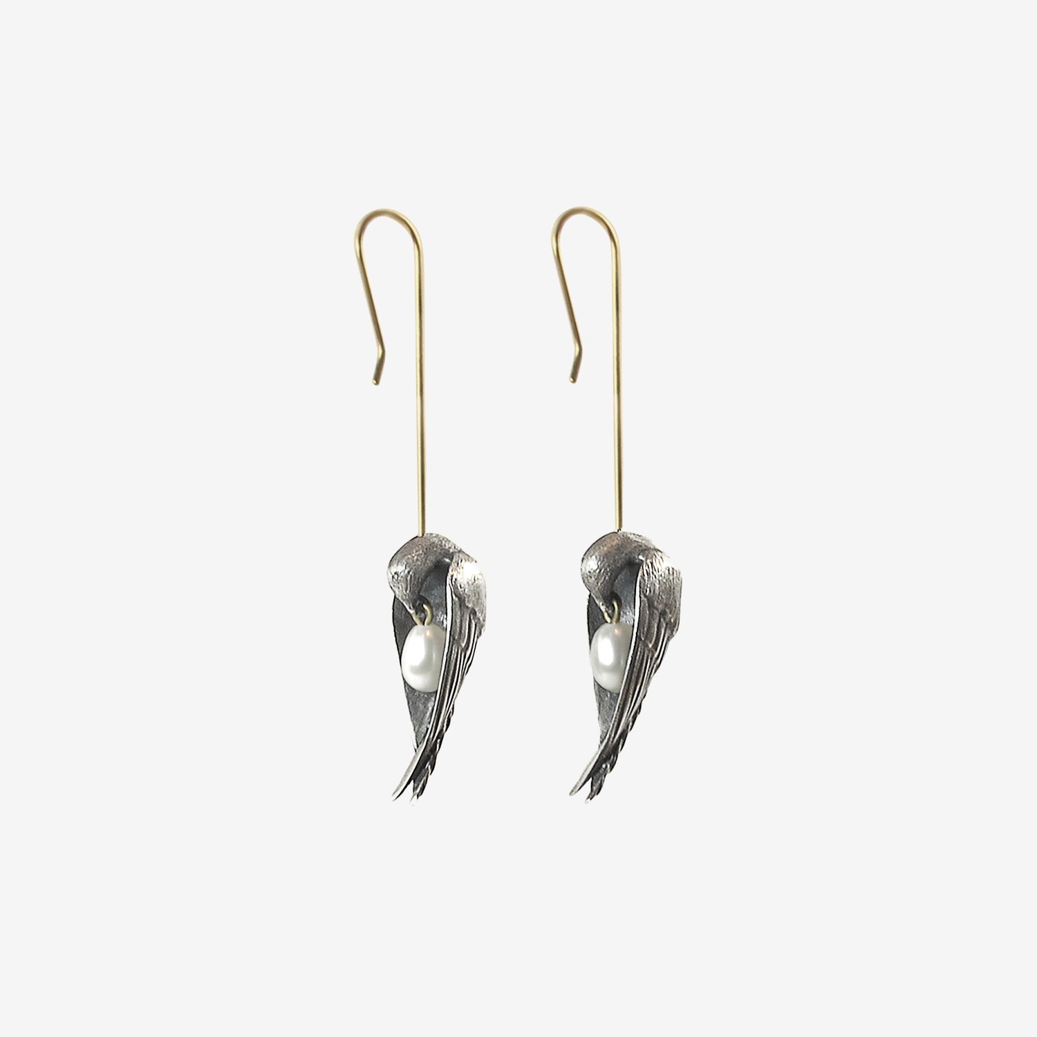 GABRIELLA KISS STERLING SILVER SLEEPING BIRD EARRINGS WITH WHITE PEARLS