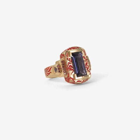 CASTRO SMITH 9K & IOLITE SHRINE RING WITH RUBIES, SAPPHIRES & RED CERAMIC PLATING