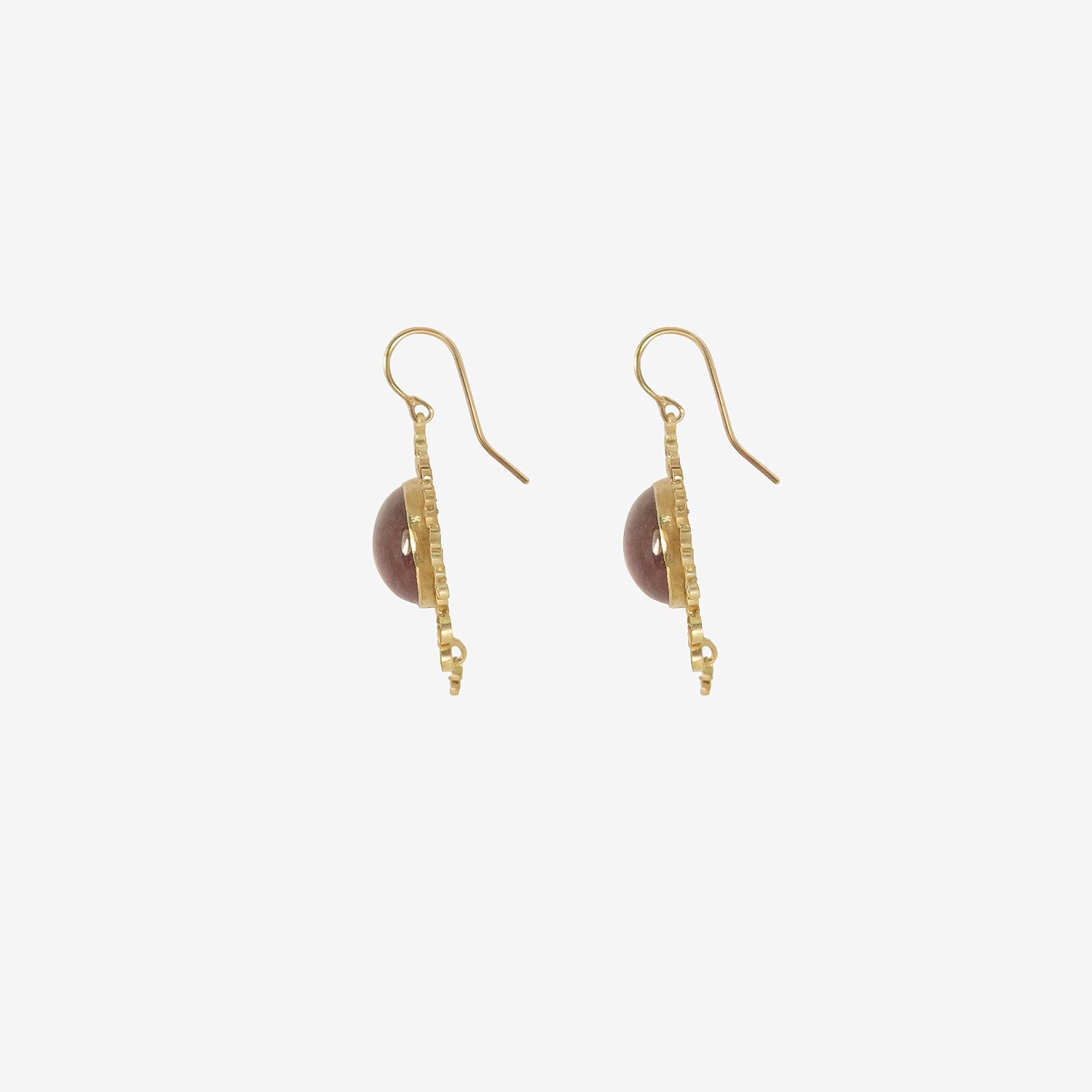 JUDY GEIB 18K & PINK TOURMALINE CABOCHON EARRINGS WITH FLOWERY FILIGREE