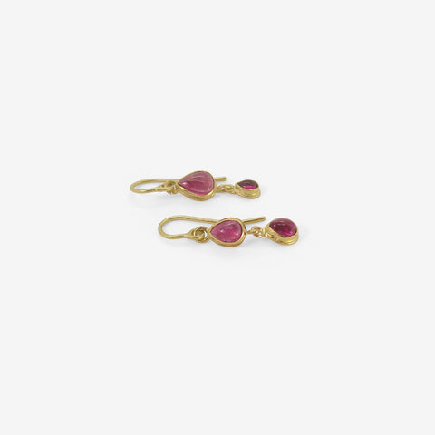 JUDY GEIB 18K & TINY BRIGHT PEAR-SHAPED PINK TOURMALINE DOUBLE DANGLE EARRINGS