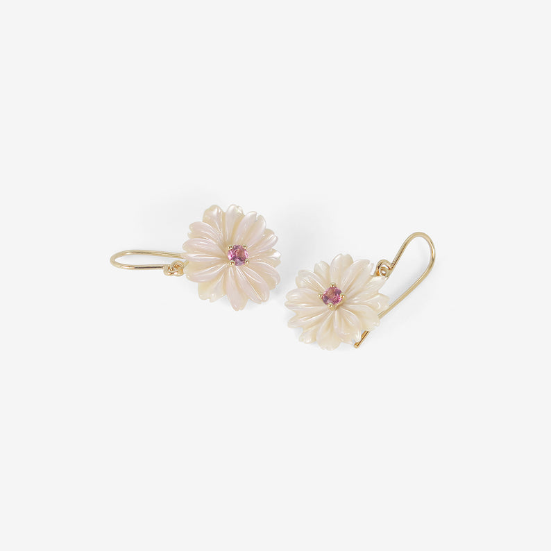 NICOLE LANDAW 14K & PINK MOTHER-OF-PEARL SIMPLE FLOWER EARRINGS WITH PINK TOURMALINE CENTERS