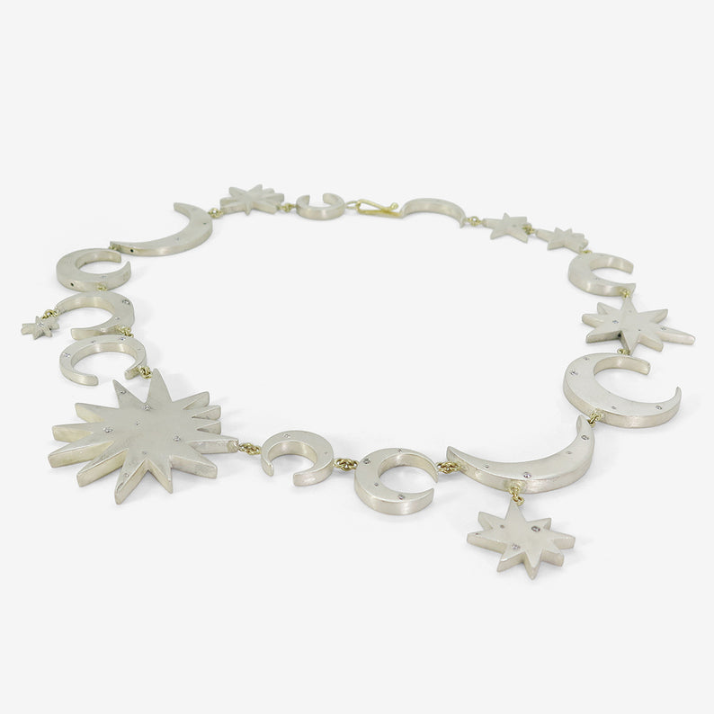 JUDY GEIB 18K & SILVER SUN AND MOON INTERGALACTIC NECKLACE WITH DIAMONDS, .35CT