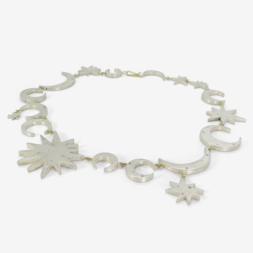 JUDY GEIB 18K & SILVER SUN AND MOON INTERGALACTIC NECKLACE WITH DIAMONDS, .35CT