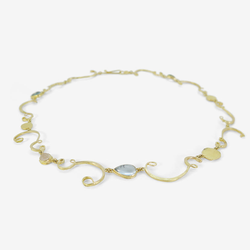 JUDY GEIB 18K WISPY NECKLACE WITH AQUAMARINE & ROSE QUARTZ