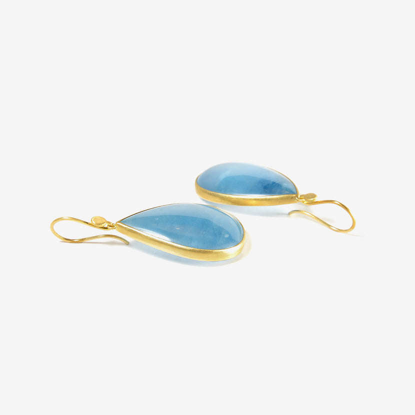 LOLA BROOKS 18K & LARGE PEAR SHAPE DEEP BLUE AQUAMARINE EARRINGS