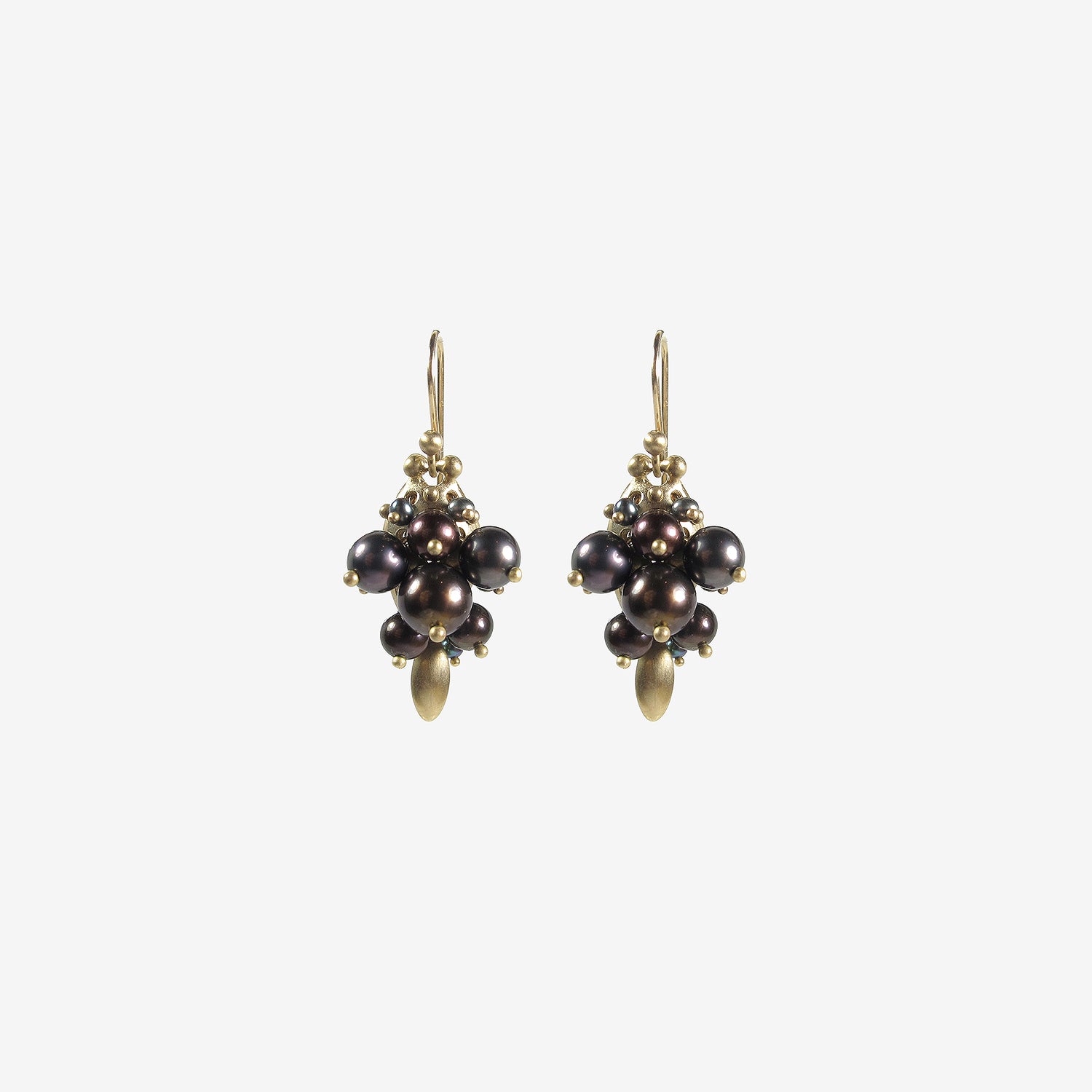 TED MUEHLING 10K & BLACK PEARL BUG CLUSTER EARRINGS