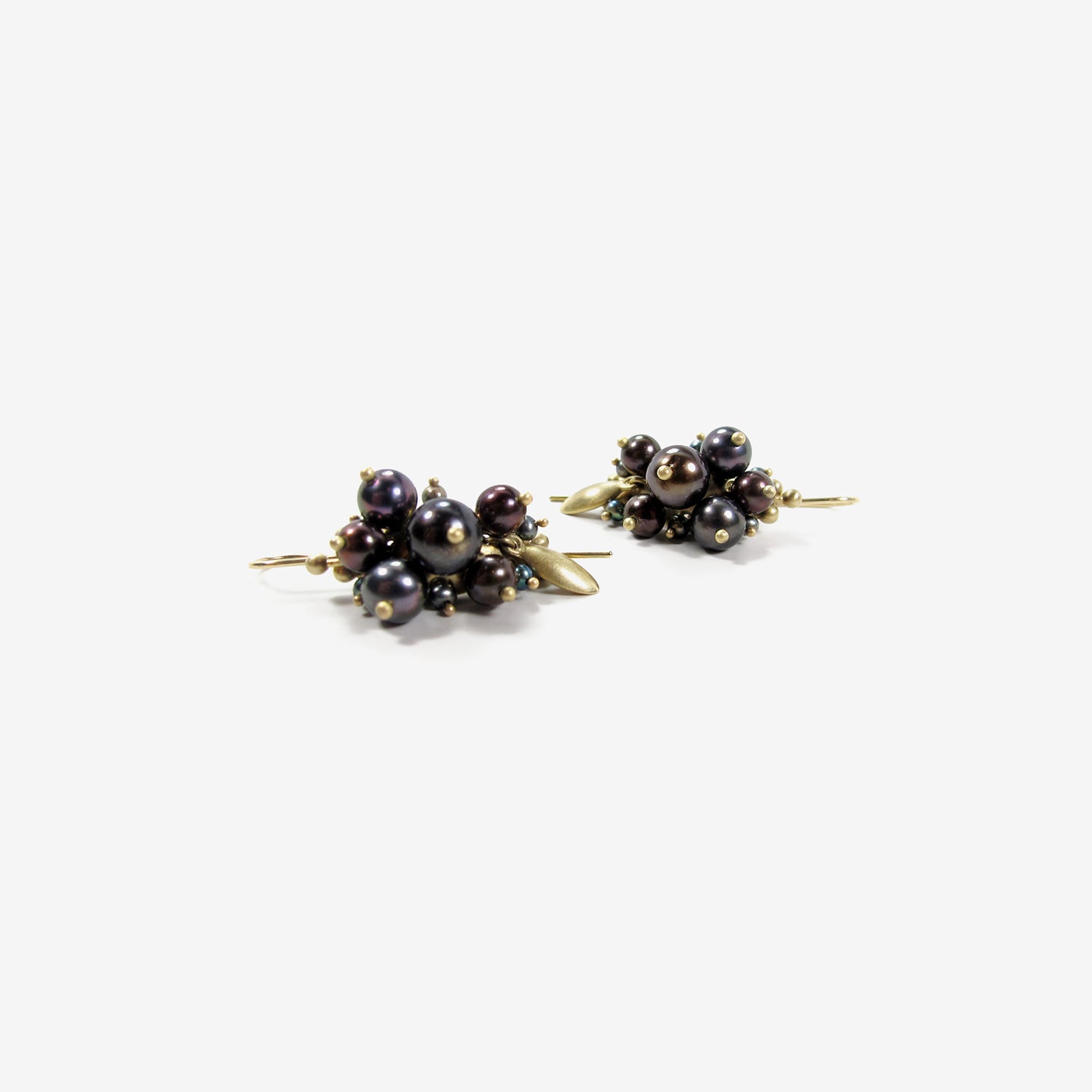 TED MUEHLING 10K & BLACK PEARL BUG CLUSTER EARRINGS