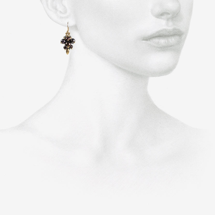 TED MUEHLING 10K & BLACK PEARL BUG CLUSTER EARRINGS