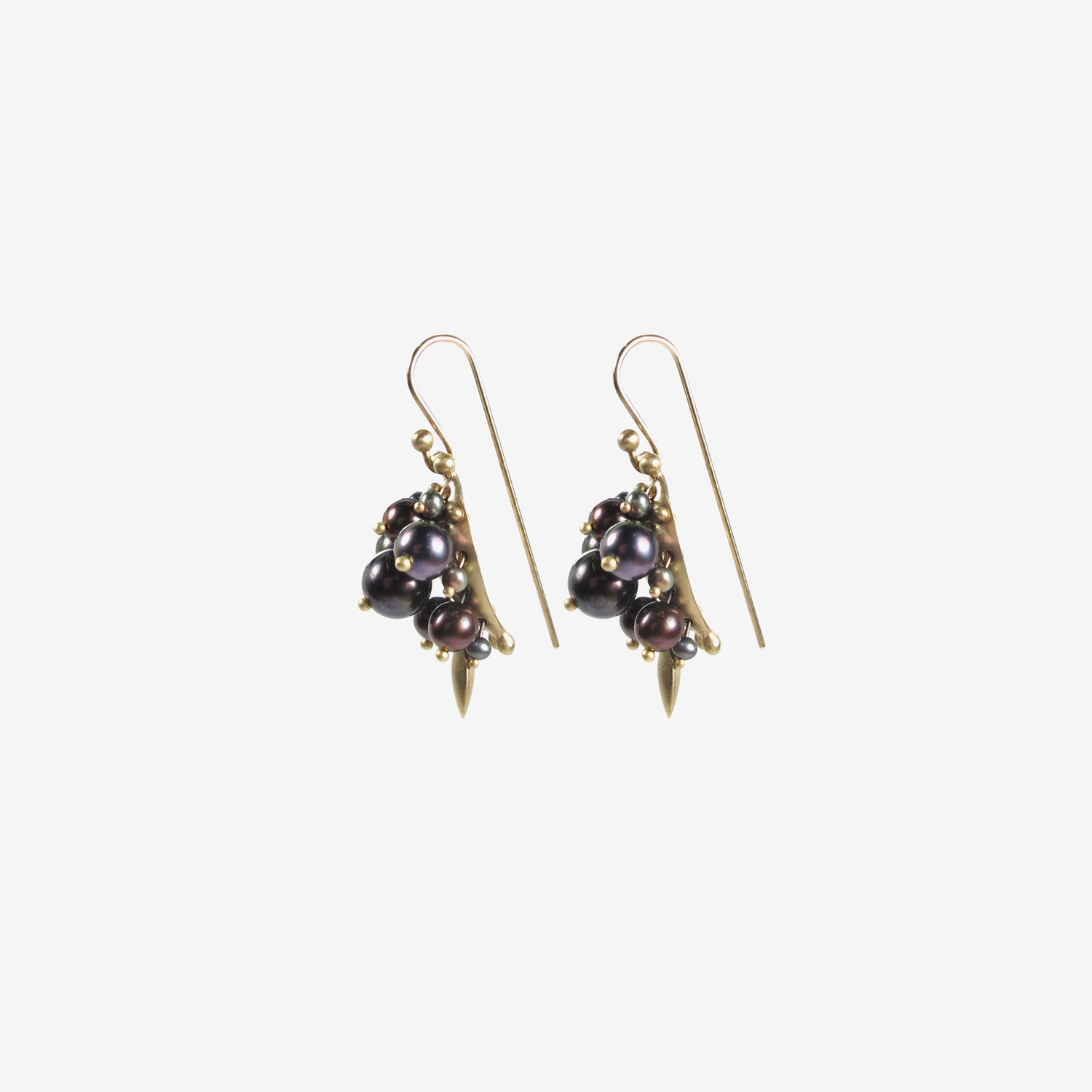 TED MUEHLING 10K & BLACK PEARL BUG CLUSTER EARRINGS