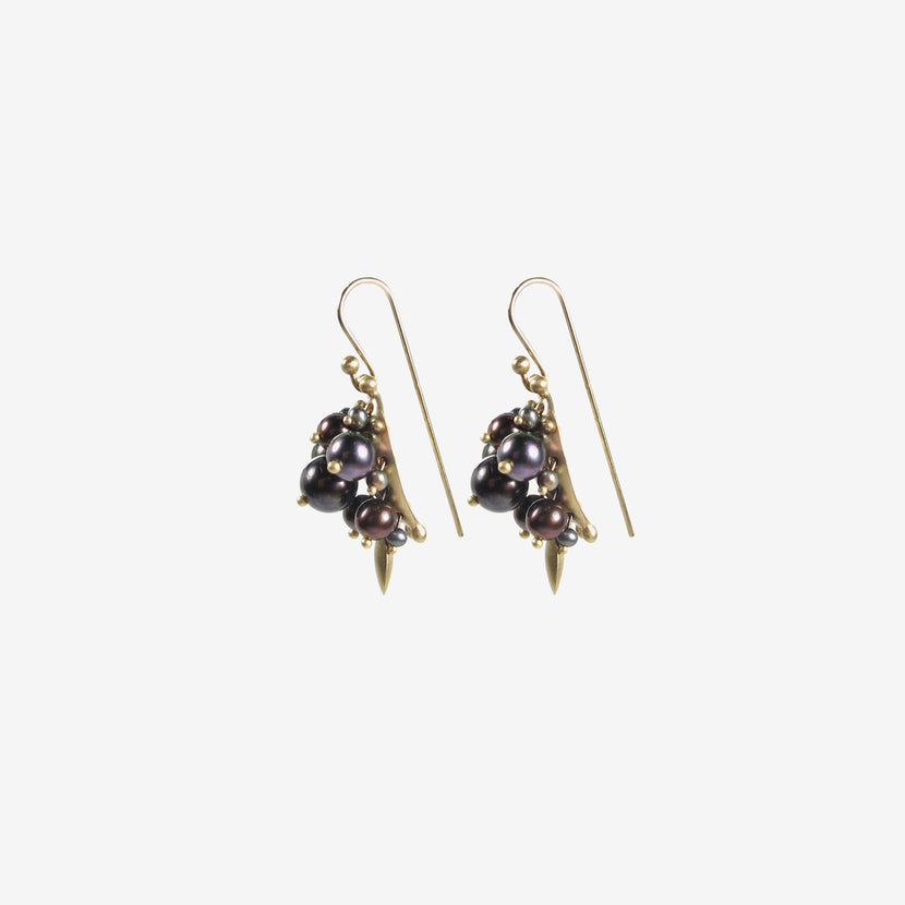 TED MUEHLING 10K & BLACK PEARL BUG CLUSTER EARRINGS