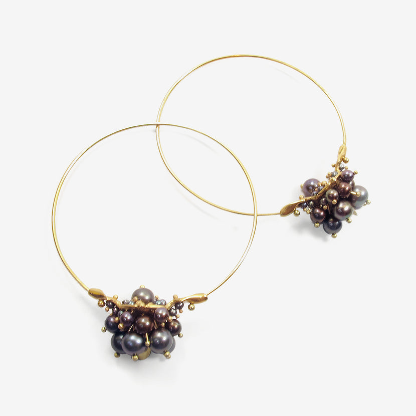 TED MUEHLING 14K BLACK PEARL MEDIUM HOOP CLUSTERS