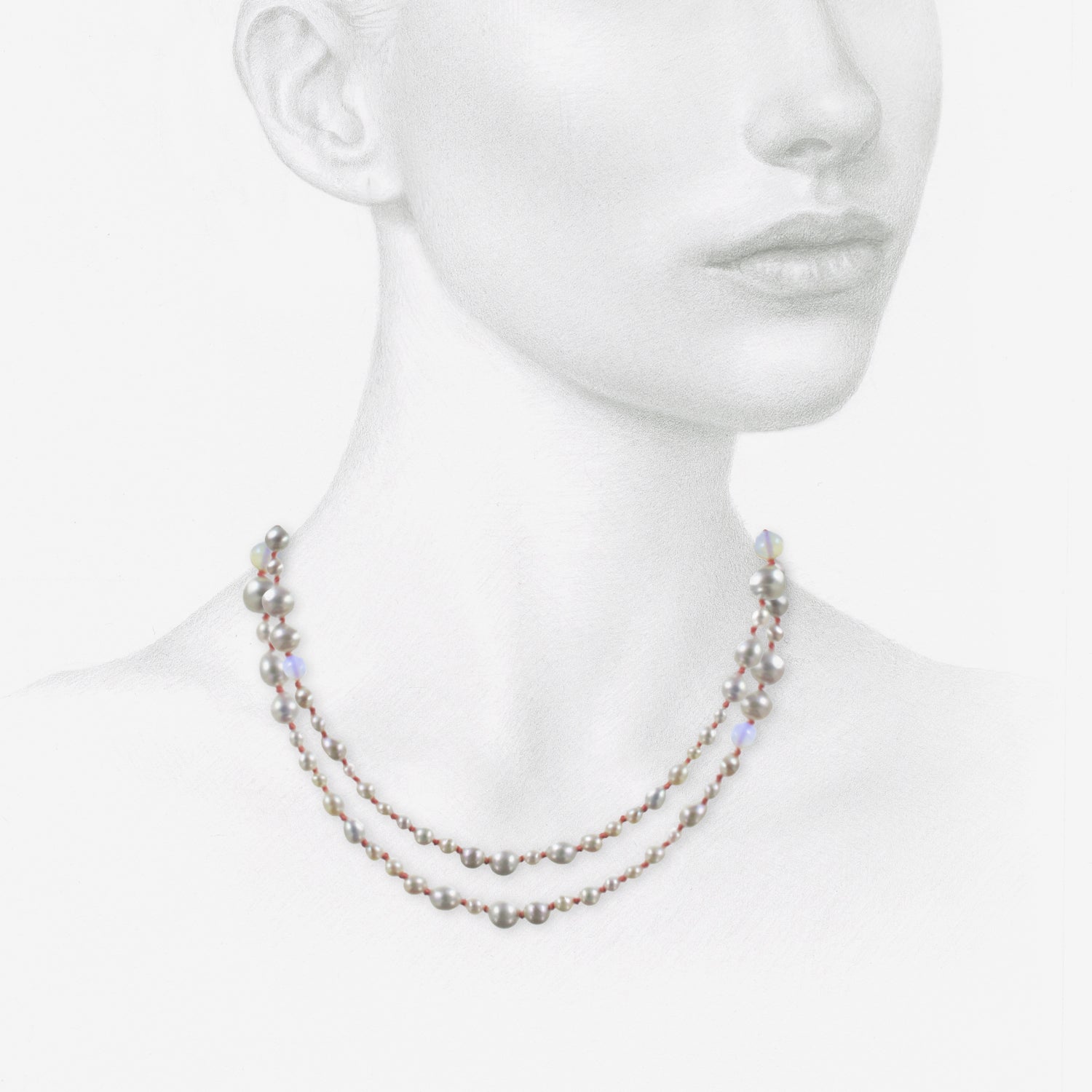 TED MUEHLING 22K PEARL & OPAL NECKLACE ON CORAL SILK THREAD