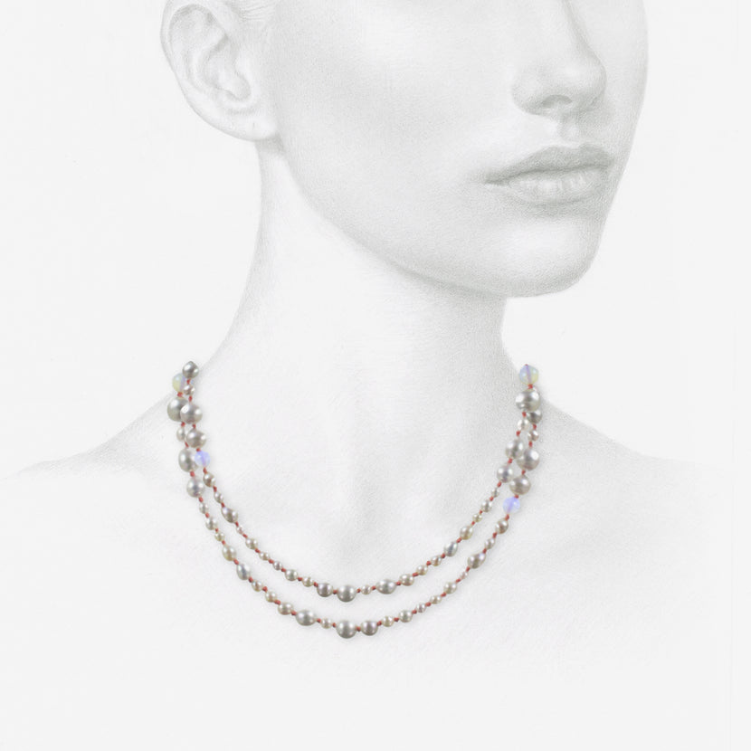 TED MUEHLING 22K PEARL & OPAL NECKLACE ON CORAL SILK THREAD