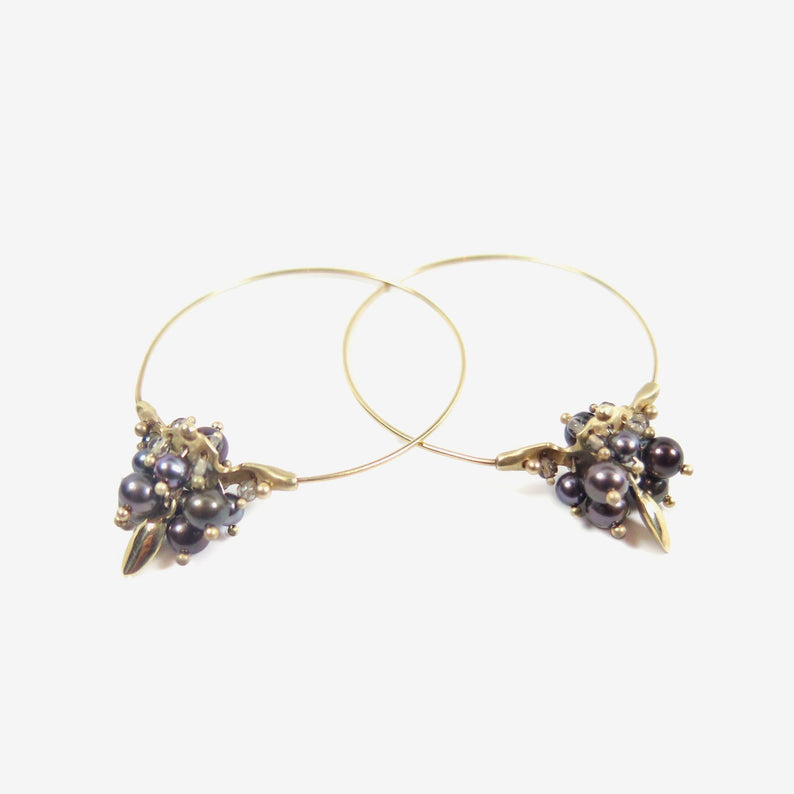 TED MUEHLING 14K & BLACK PEARL SMALL HOOP CLUSTERS
