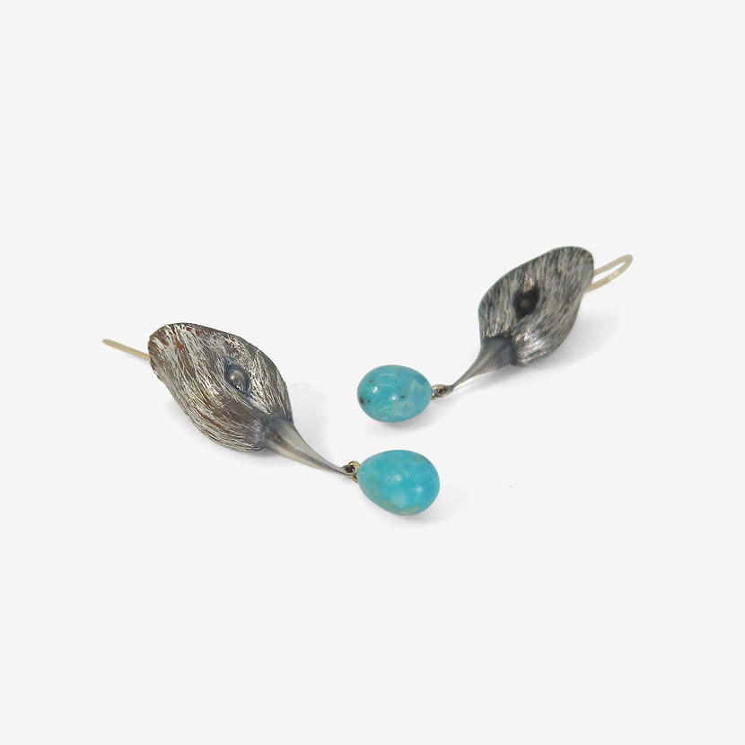 GABRIELLA KISS STERLING SILVER BIRD HEAD EARRINGS WITH TURQUOISE DROPS