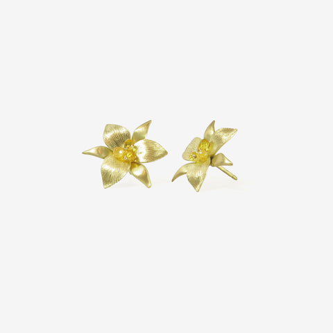GABRIELLA KISS 18K DOUBLE TRILLIUM STUDS WITH YELLOW SAPPHIRES