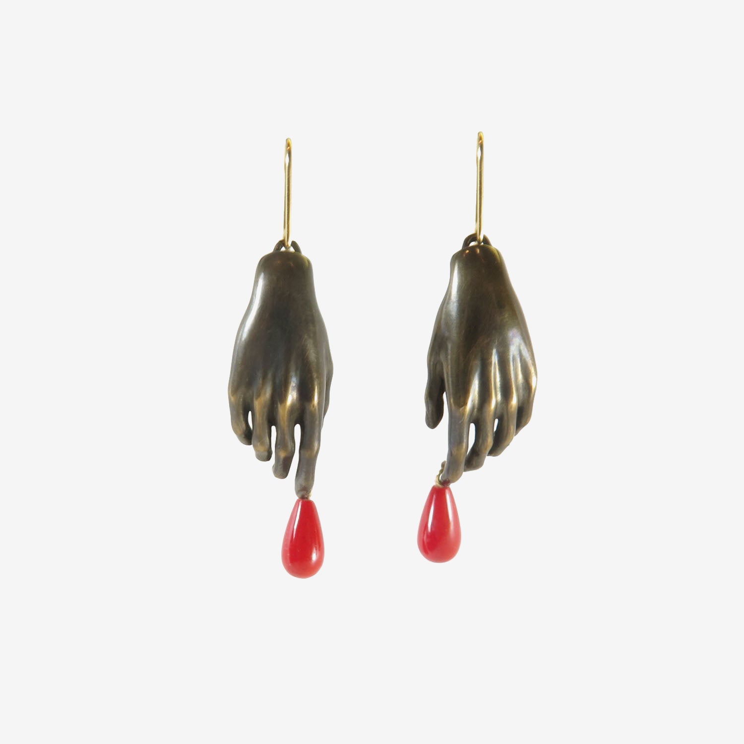 GABRIELLA KISS OXIDIZED BRONZE HAND EARRINGS WITH RED DROPS