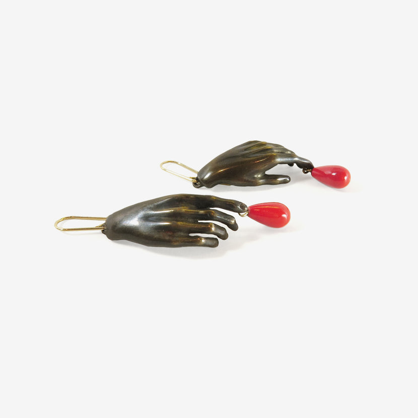 GABRIELLA KISS OXIDIZED BRONZE HAND EARRINGS WITH RED DROPS