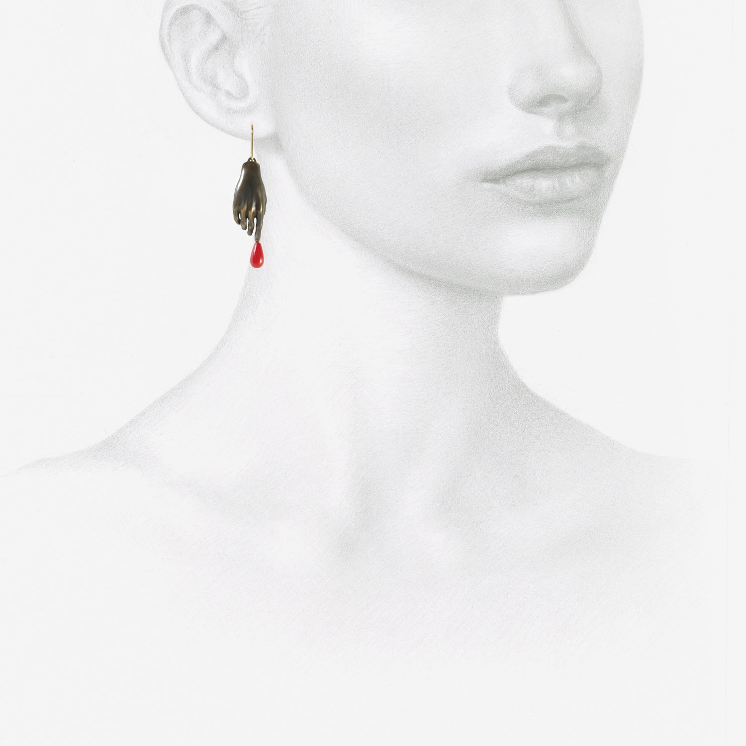 GABRIELLA KISS OXIDIZED BRONZE HAND EARRINGS WITH RED DROPS