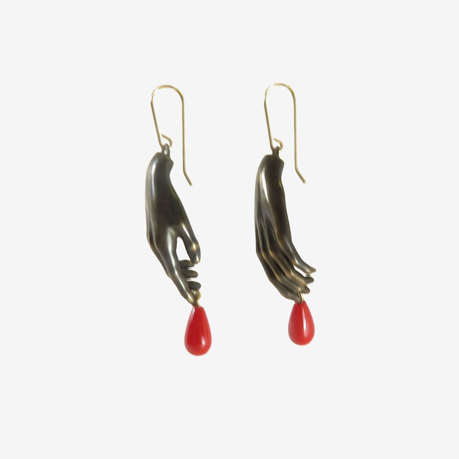 GABRIELLA KISS OXIDIZED BRONZE HAND EARRINGS WITH RED DROPS