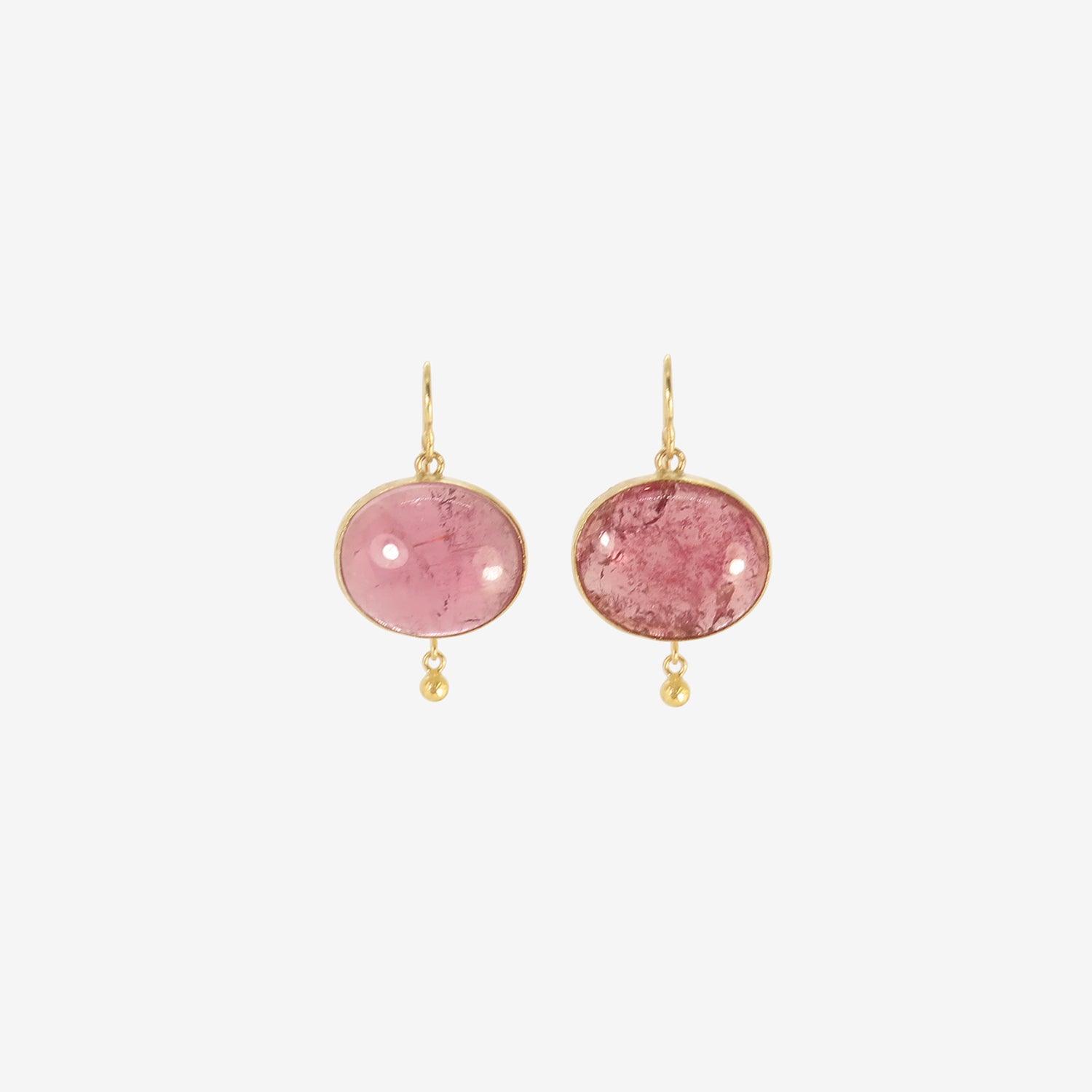 JUDY GEIB 18K & LARGE PINK TOURMALINE CABOCHON SIMPLE DROP EARRINGS WITH 22K DETAILS, 43.41CT
