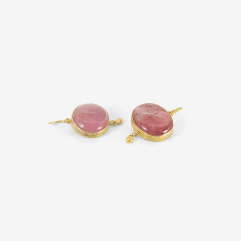 JUDY GEIB 18K & LARGE PINK TOURMALINE CABOCHON SIMPLE DROP EARRINGS WITH 22K DETAILS, 43.41CT