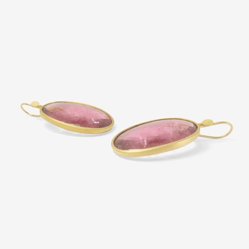 LOLA BROOKS 18K & LARGE CHECKERED PINK TOURMALINE OVAL EARRINGS, 60.49CT