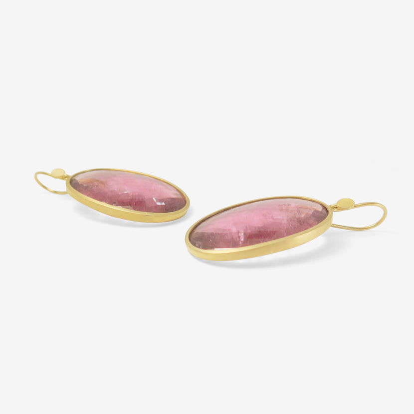 LOLA BROOKS 18K & LARGE CHECKERED PINK TOURMALINE OVAL EARRINGS, 60.49CT