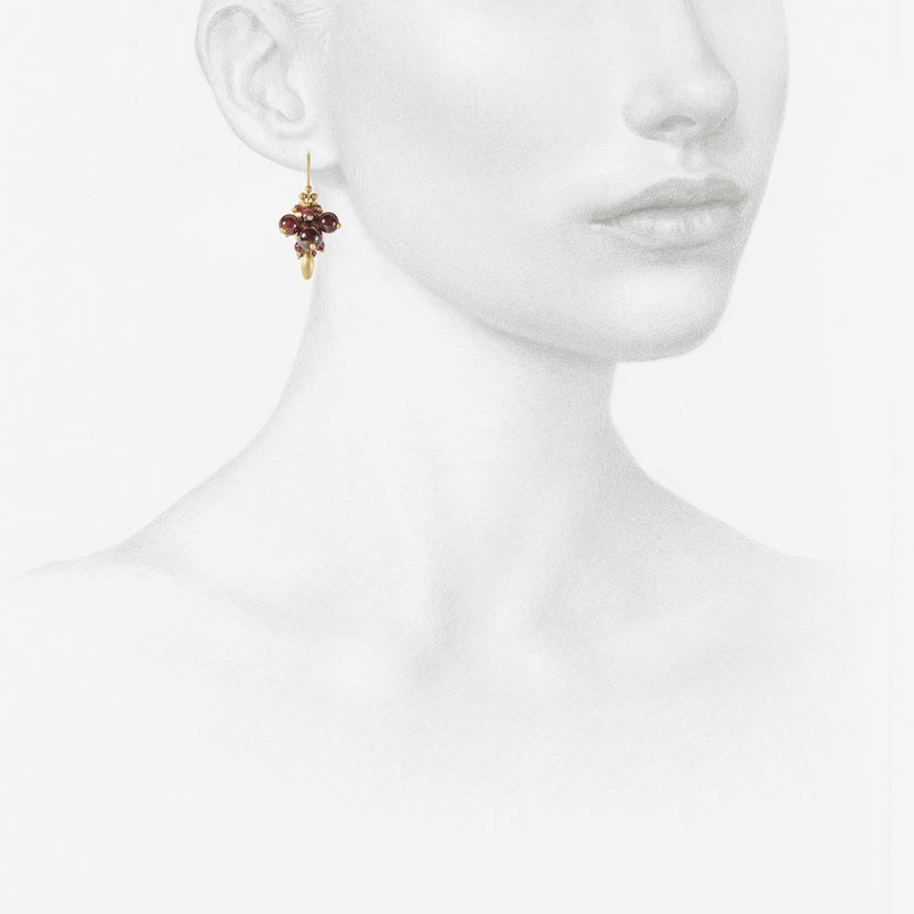 TED MUEHLING 10K & GARNET BUG CLUSTER EARRINGS