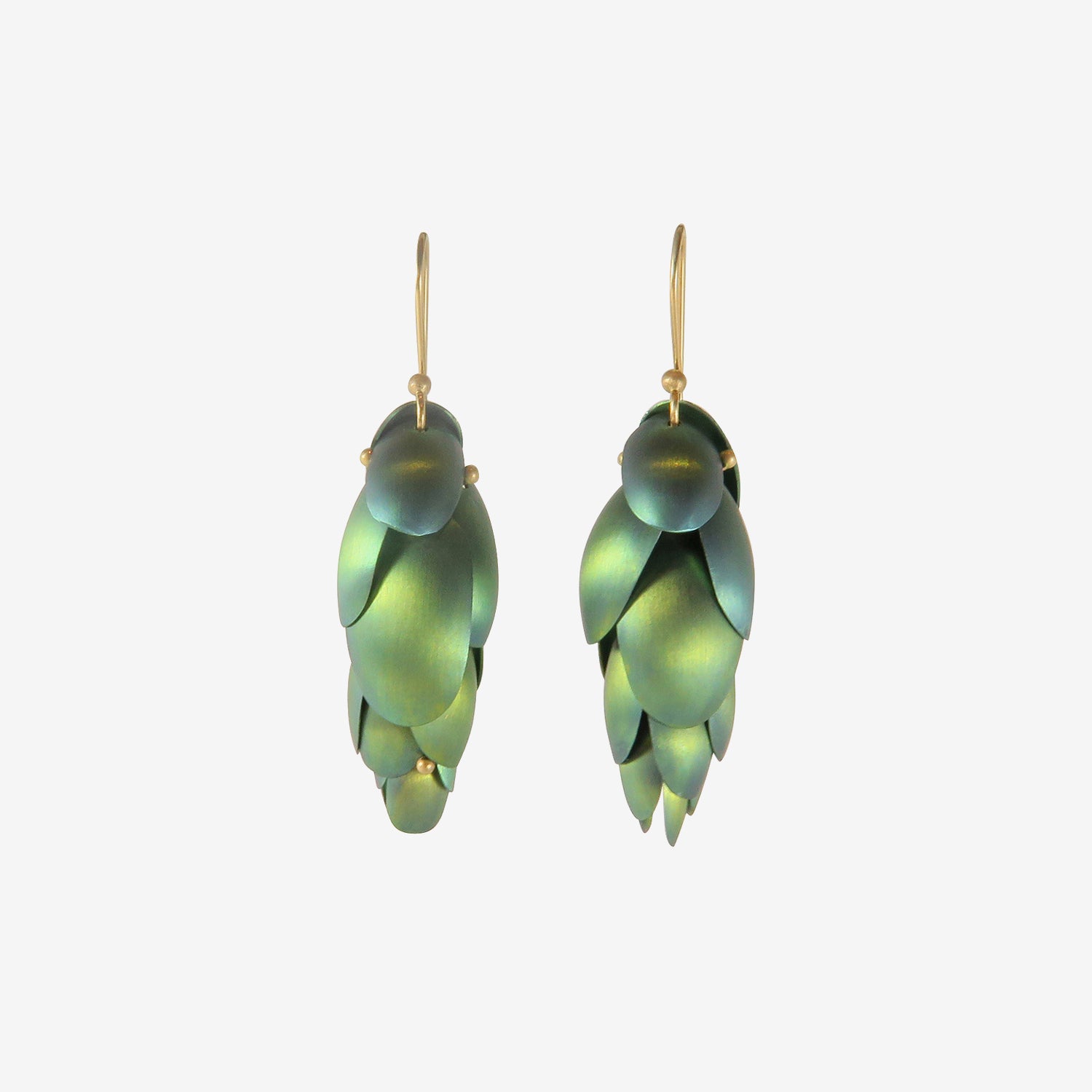 TED MUEHLING 14K & GREEN NIOBIUM SMALL ARTICULATED PINECONE EARRINGS