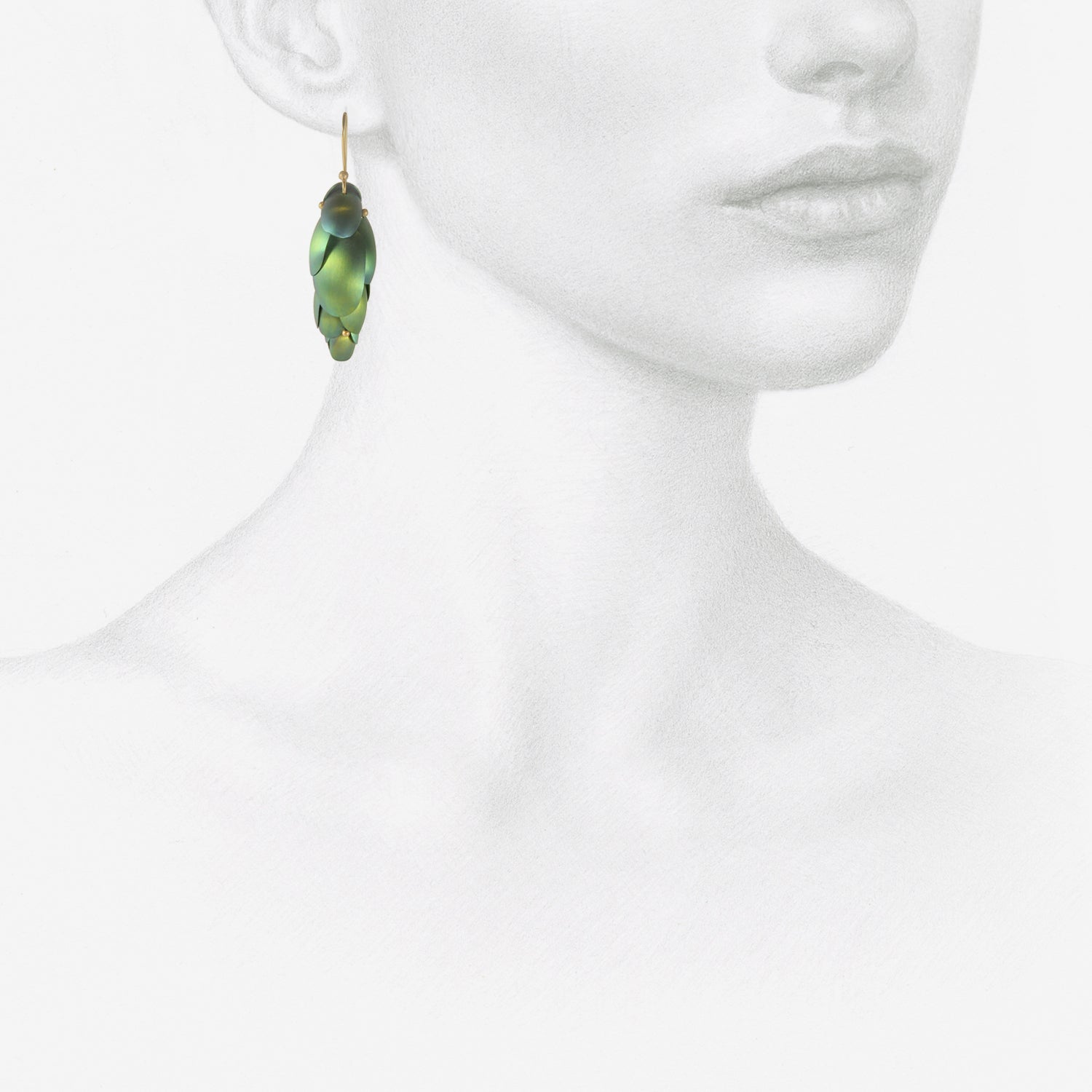 TED MUEHLING 14K & GREEN NIOBIUM SMALL ARTICULATED PINECONE EARRINGS