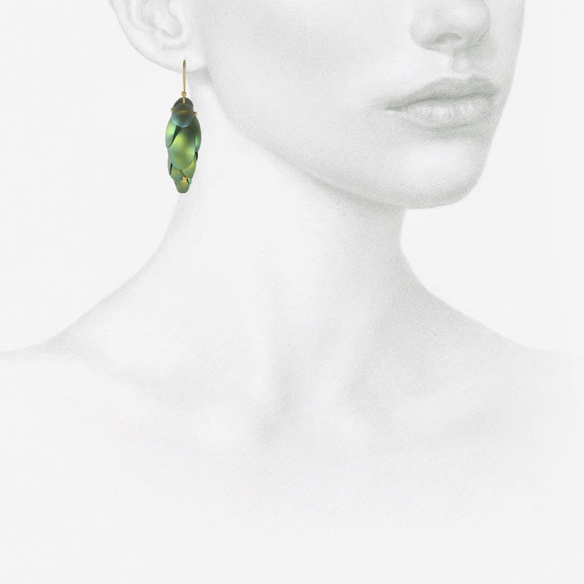 TED MUEHLING 14K & GREEN NIOBIUM SMALL ARTICULATED PINECONE EARRINGS