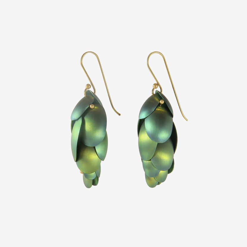 TED MUEHLING 14K & GREEN NIOBIUM SMALL ARTICULATED PINECONE EARRINGS