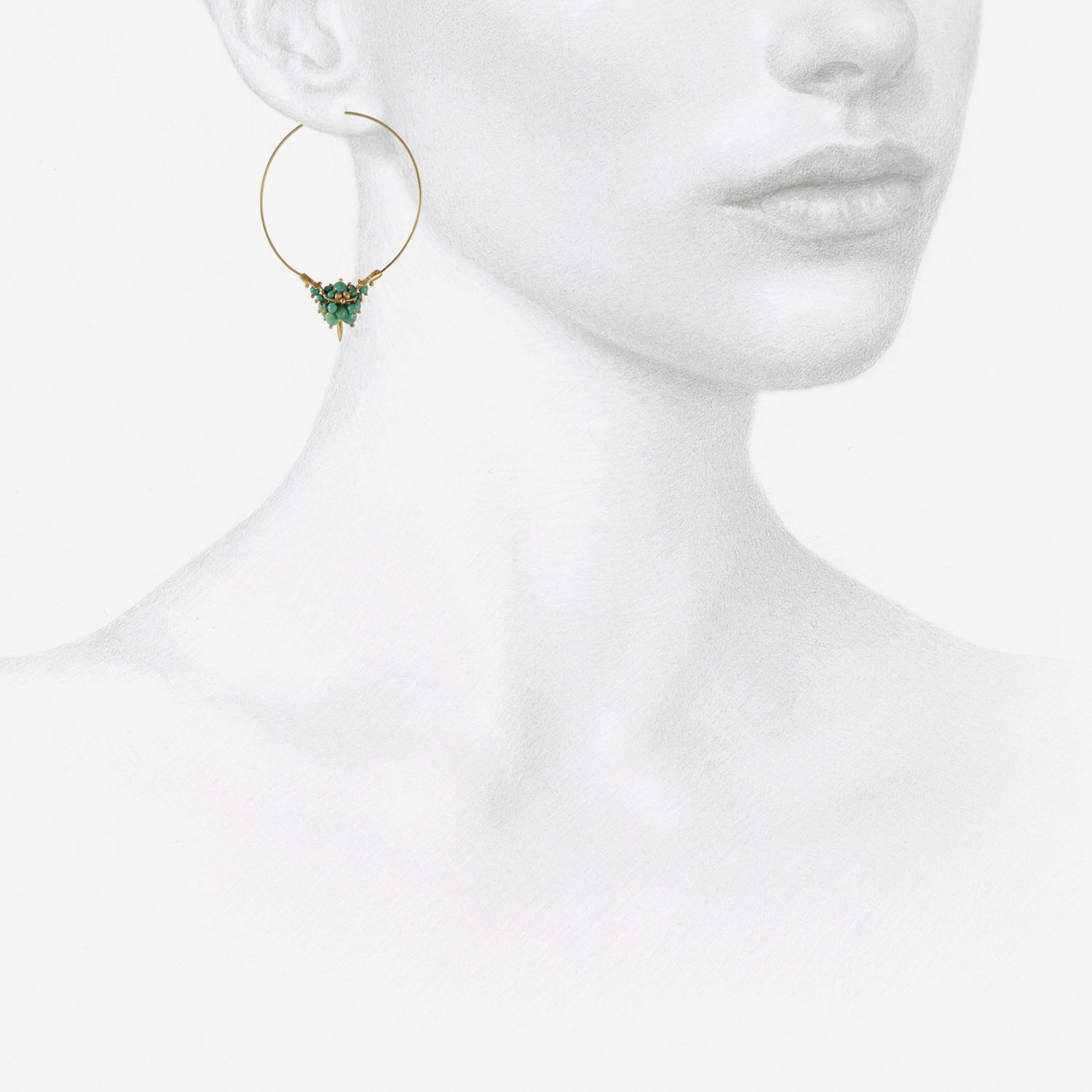 TED MUEHLING 14K & CHINESE TURQUOISE MEDIUM HOOP CLUSTERS