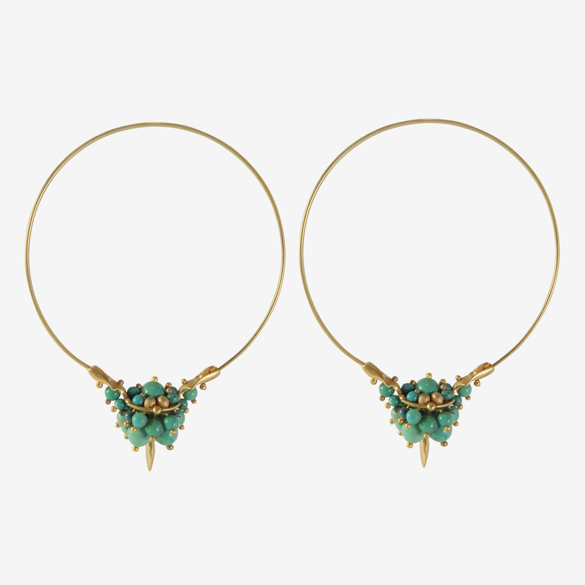 TED MUEHLING 14K & CHINESE TURQUOISE MEDIUM HOOP CLUSTERS